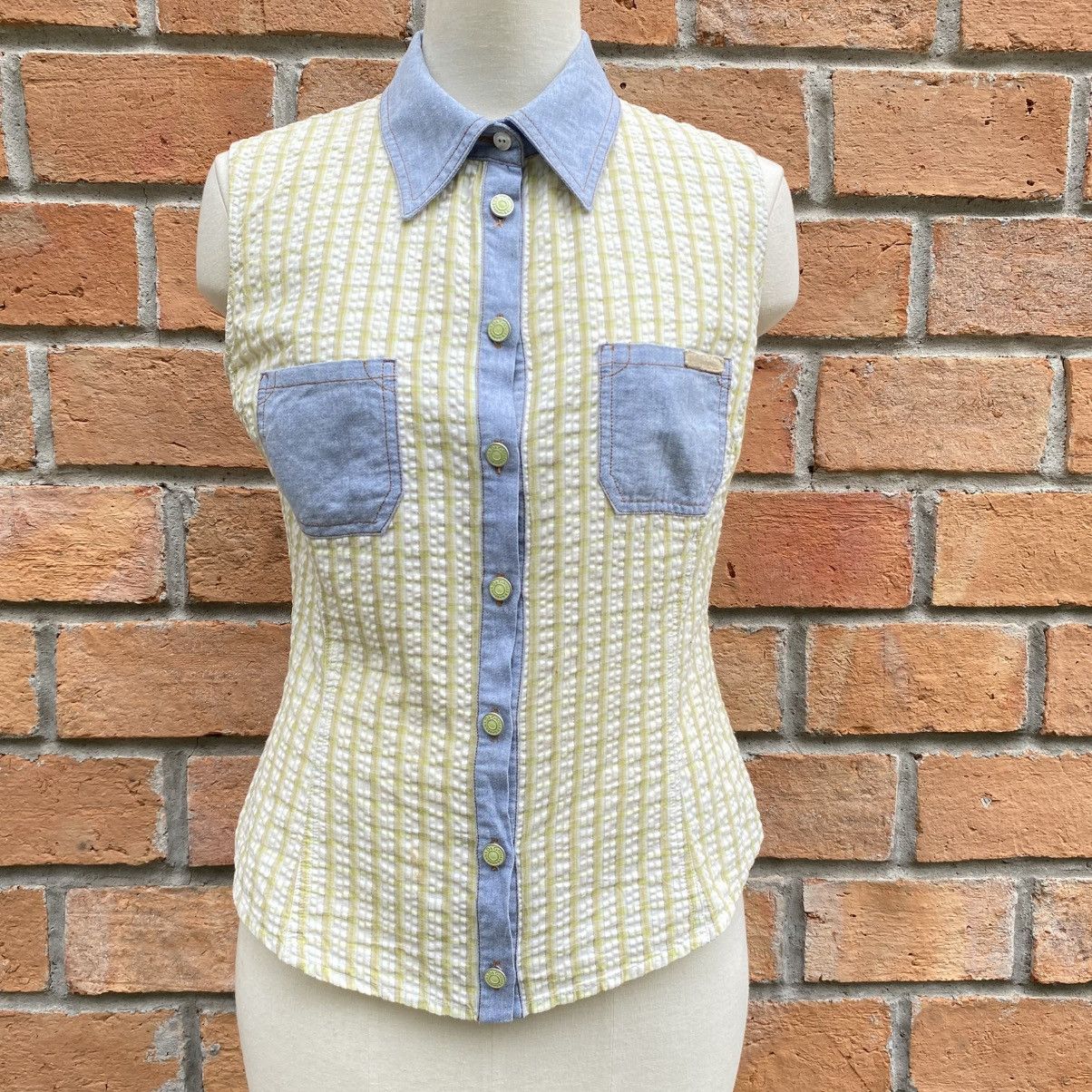 Dolce & Gabbana D&G Green Stripe Sleeveless Blouse with Denim Collar Size M / US 6-8 / IT 42-44 - 20 Thumbnail