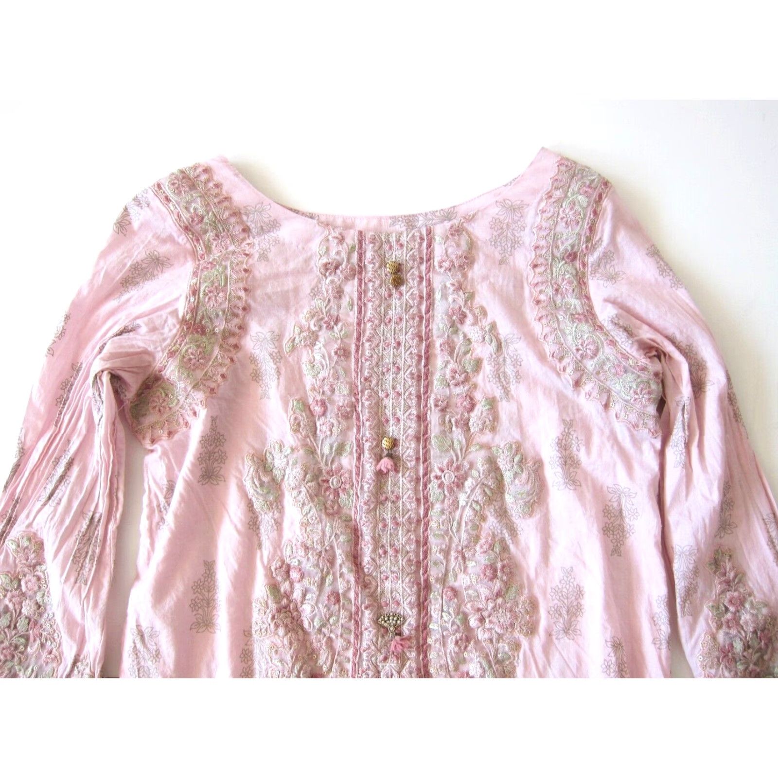Vintage Maria B. Cotton Pink Green Embroidered Beaded Floral Long Sleeve Kurta Dress S Size S / US 4 / IT 40 - 3 Thumbnail