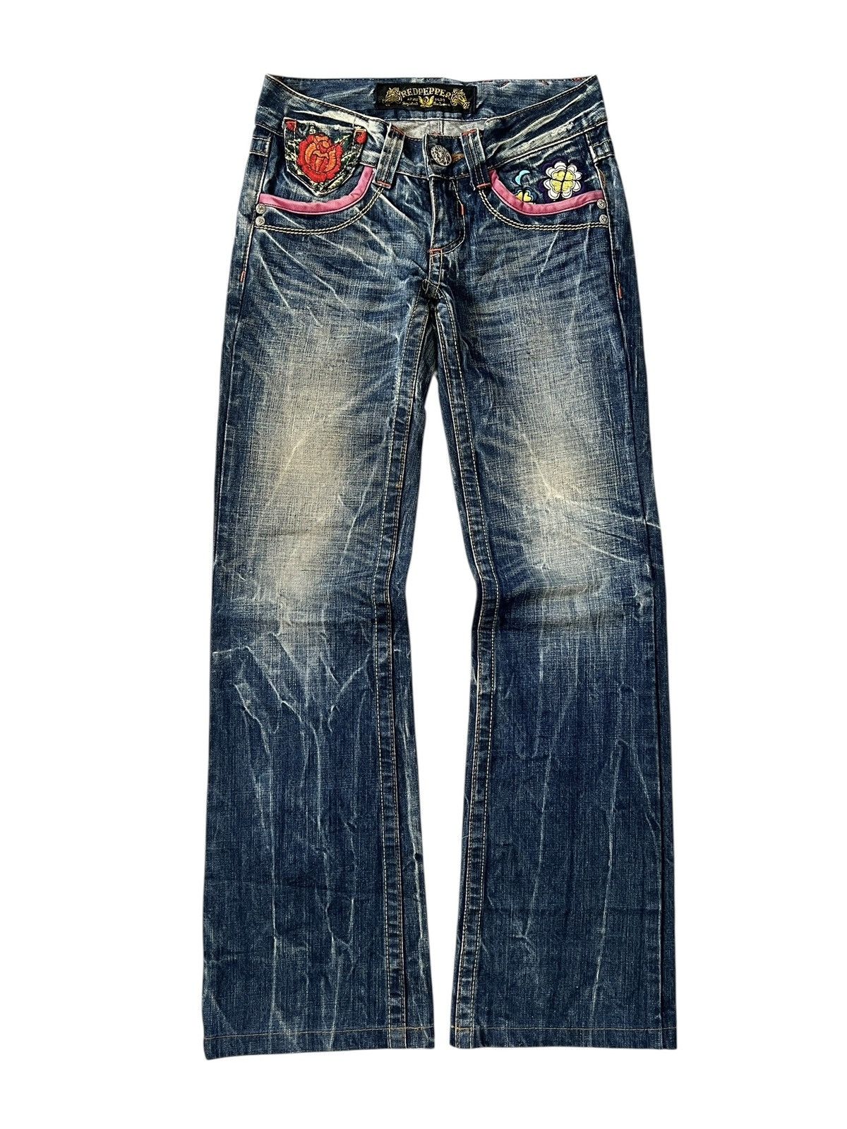 Japanese Brand Y2K Red Pepper Embroidery Flare Denim Size US 29 - 2 Thumbnail