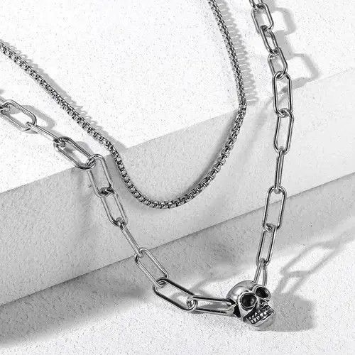 Jewelry Double Layered Stainless Steel Skull Chain Necklace Size ONE SIZE - 3 Thumbnail