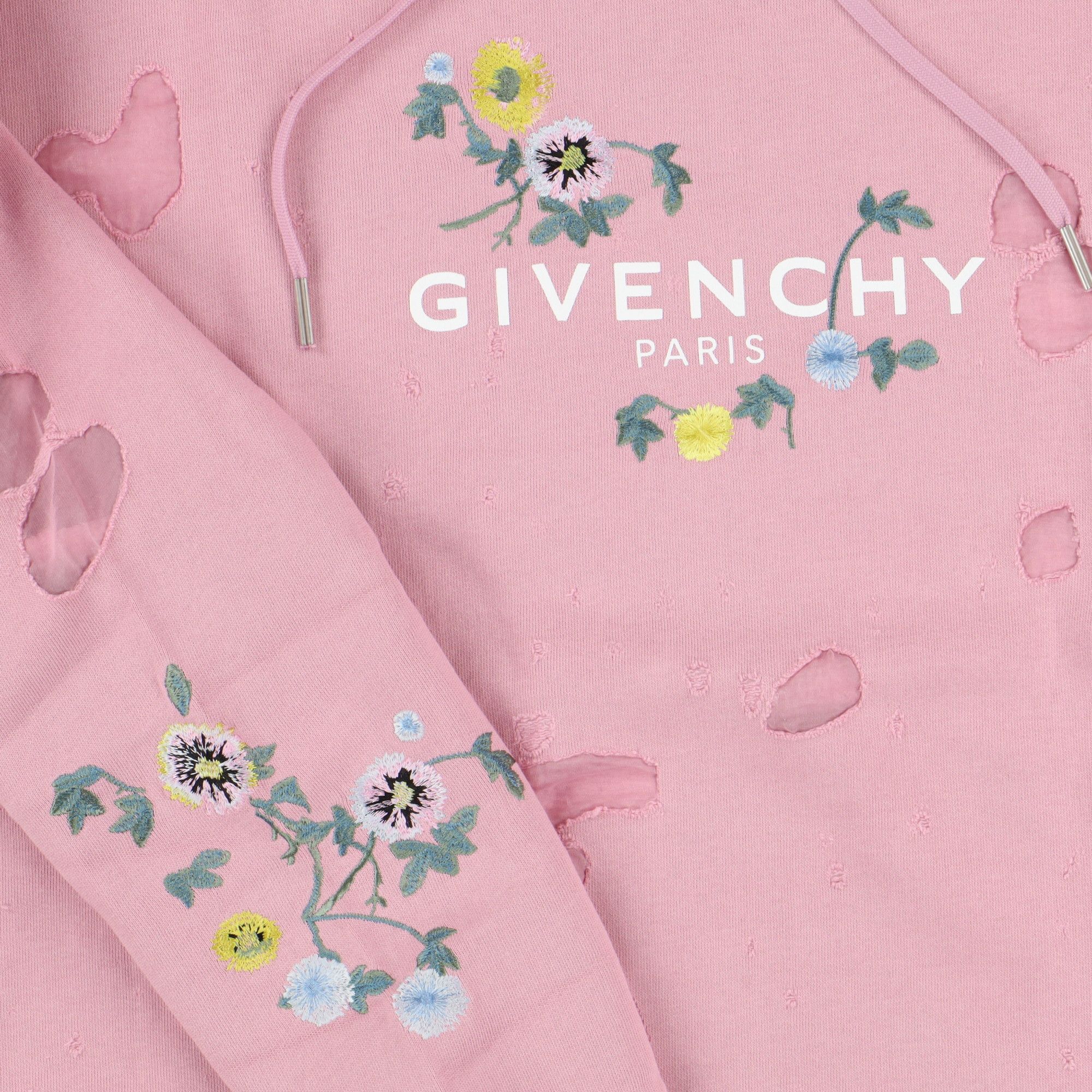 Givenchy Pink Embroidered Floral Destroyed Logo Hoodie Size L / US 10 / IT 46 - 6 Thumbnail
