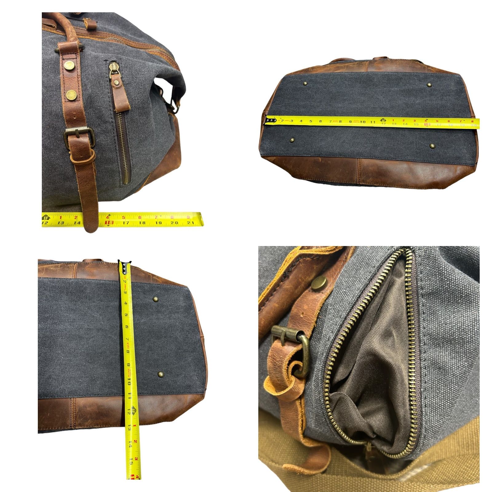 Vintage Case Duffle Bag Adult Large Gray/Brown Canvas Leather Trim Travel Suitcase Bag Pockets Zip-Around Lined Size ONE SIZE - 8 Thumbnail