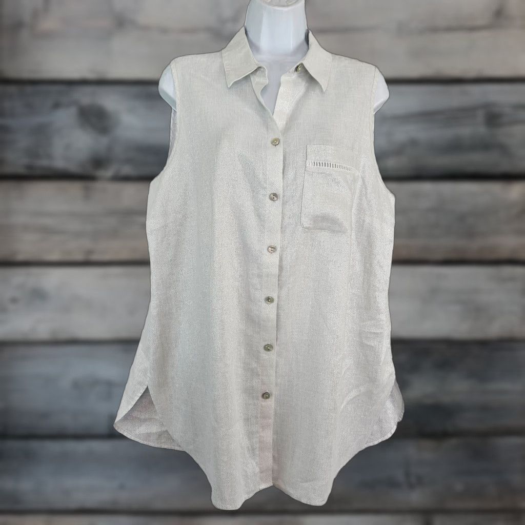 Vintage Chico's Womens Button Front Top Sz Large Sleeveless Linen Blend Silver Collared Shirt Womens Clothing Size L / US 10 / IT 46 - 1 Thumbnail