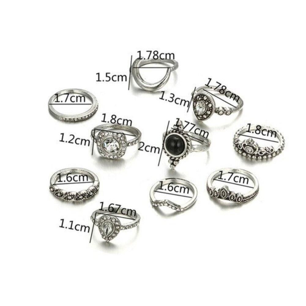 Designer 10pcs Vintage Rhinestone Knuckle Midi Stacking Boho Ring Set Size ONE SIZE - 8 Thumbnail