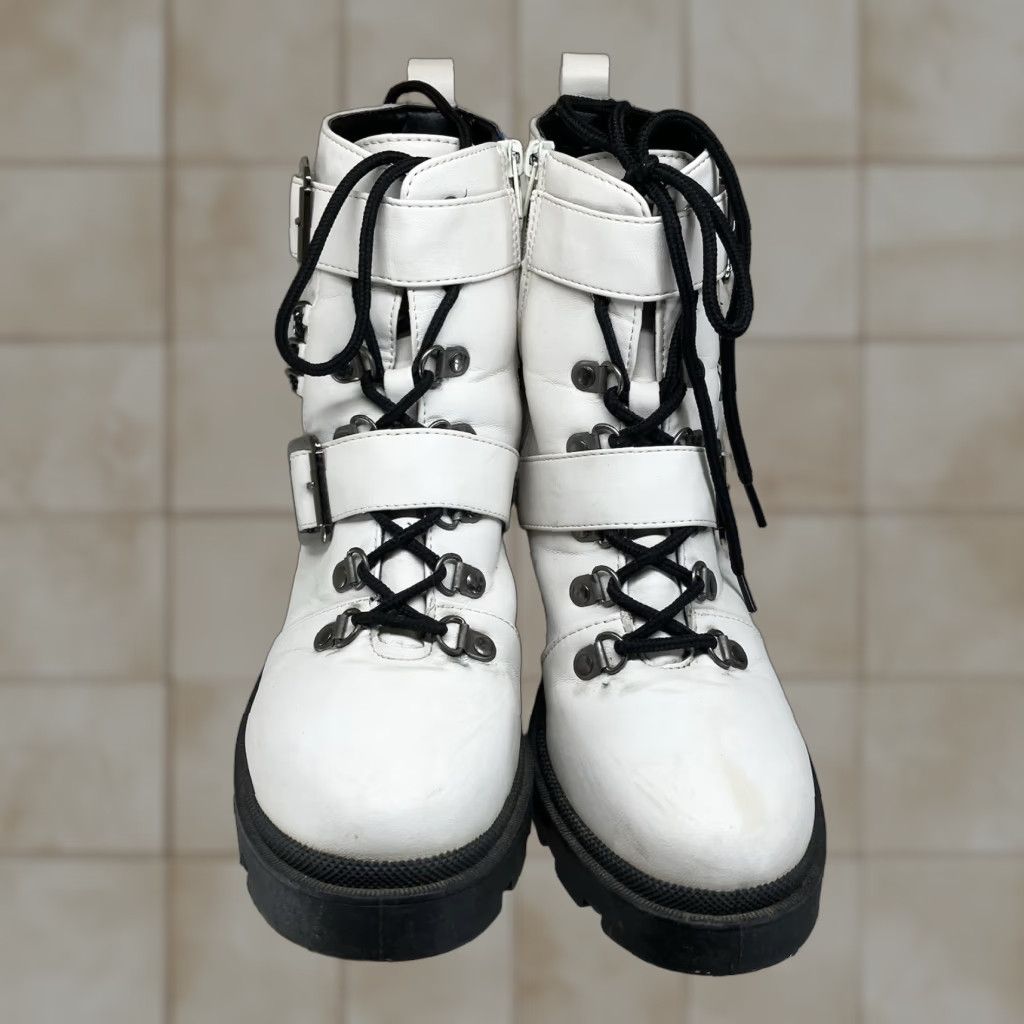 Sugar SUGAR Combat Boot White Ankle Size 7.5 Block Heel Punk Chains Buckles Womens Size US 7.5 / IT 37.5 - 1 Thumbnail