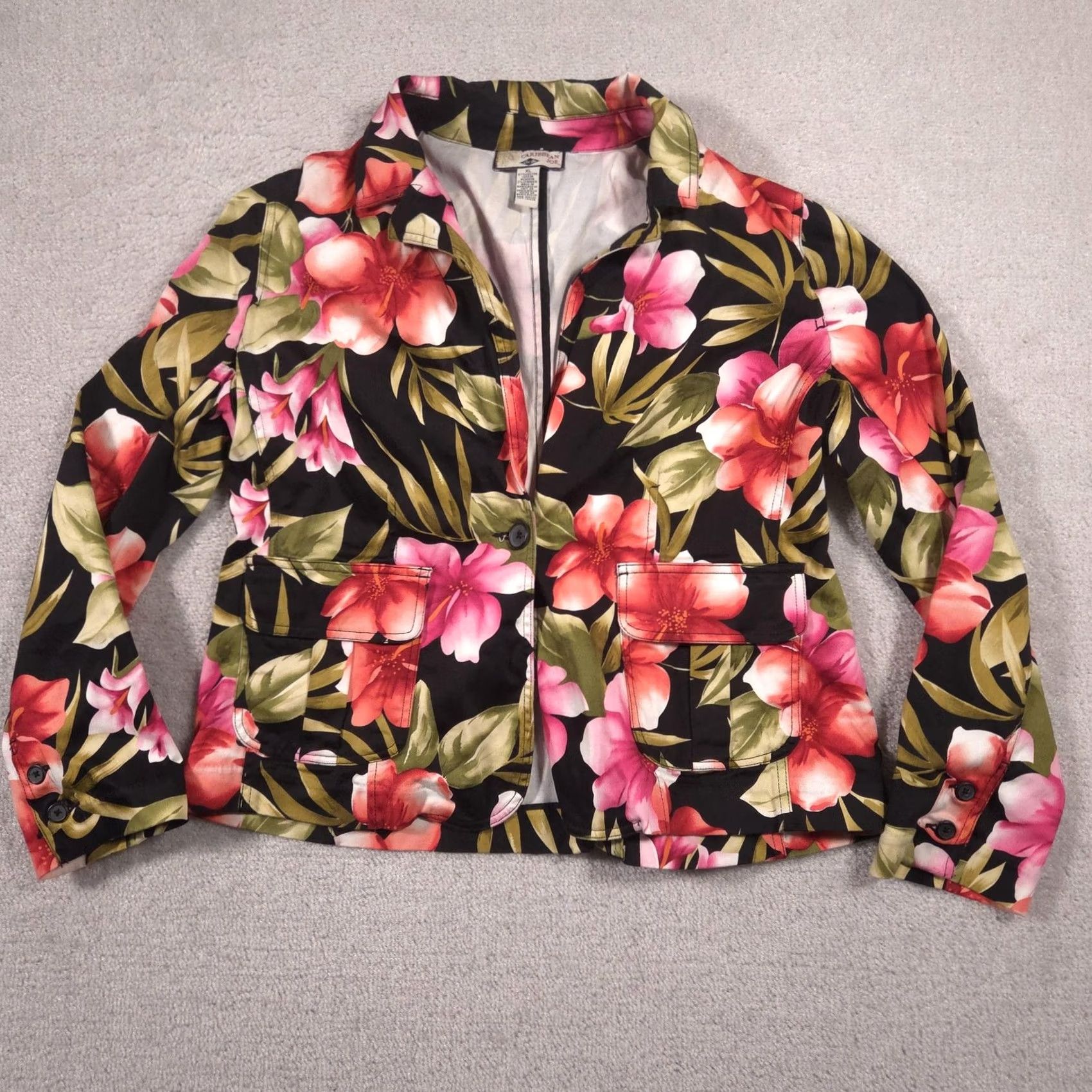 Vintage Caribbean Joe Jacket Womens XL Black Tropical Floral Print Button Front Casual Size XL / US 12-14 / IT 48-50 - 2 Thumbnail