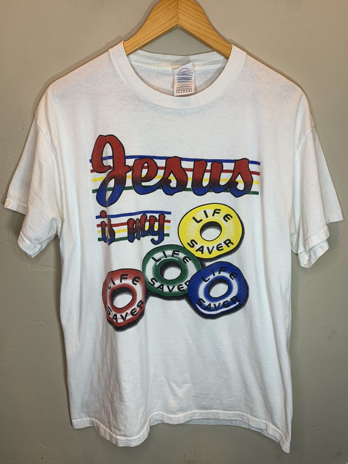 Vintage RARE Vintage 90’s Jesus Christ Is My Life Saver Parody Shirt Size US L / EU 52-54 / 3 - 1 Thumbnail