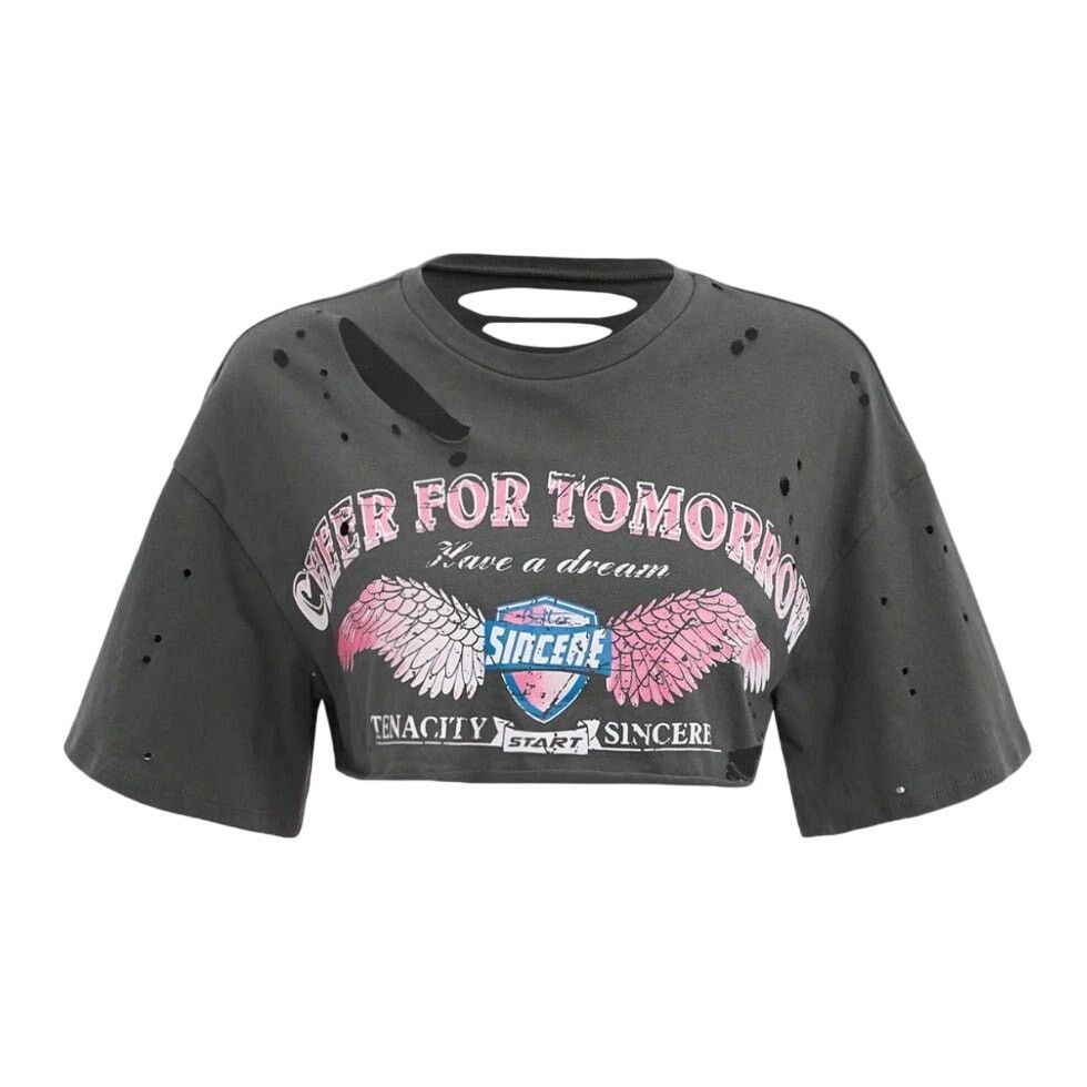 Shein Cheer for Tomorrow Graphic Ripped Drop Shoulder Crop Top, L Size L / US 10 / IT 46 - 1 Thumbnail