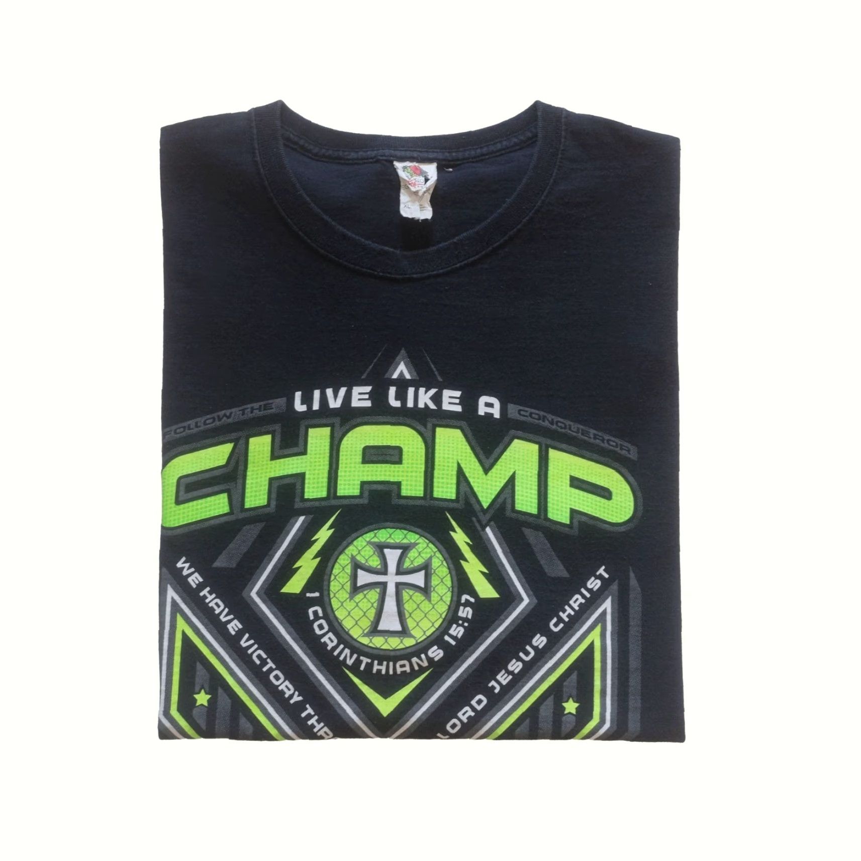Fruit Of The Loom VINTAGE Fruit of the Loom T-Shirt 90s Graphic Bible God Live Like a Champ XL Black Mens Short Sleeve Crew Neck Size US XL / EU 56 / 4 - 2 Thumbnail