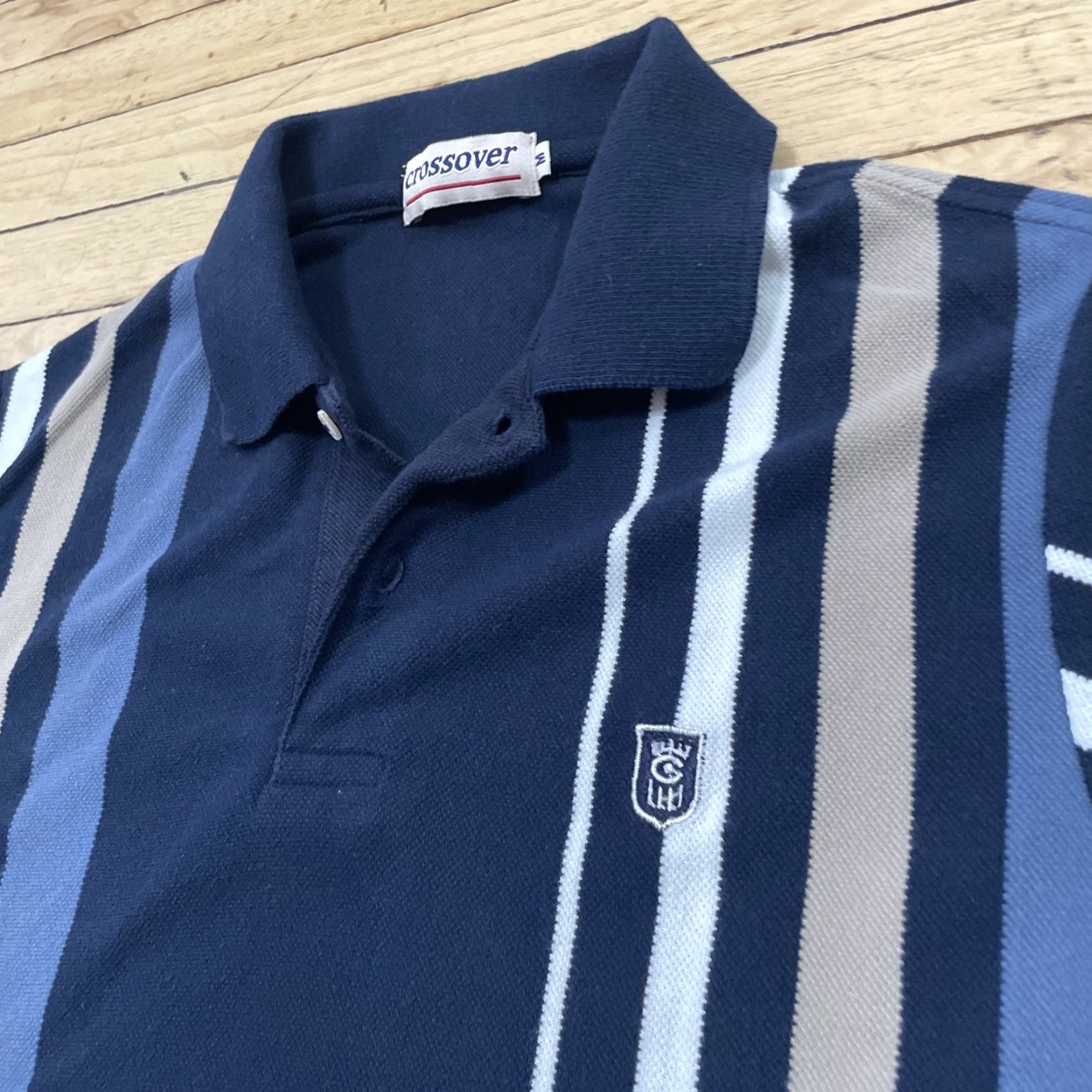 Vintage vtg CROSSOVER Knit Polo Shirt Men M Blue Tan Vertical Stripe Retro 60s 70s Sport Size US M / EU 48-50 / 2 - 2 Thumbnail