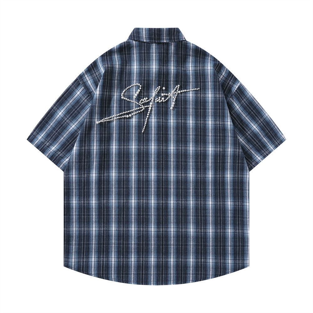 Vintage Men's retro letter beaded loose casual plaid shirt y2k Size US M / EU 48-50 / 2 - 2 Thumbnail