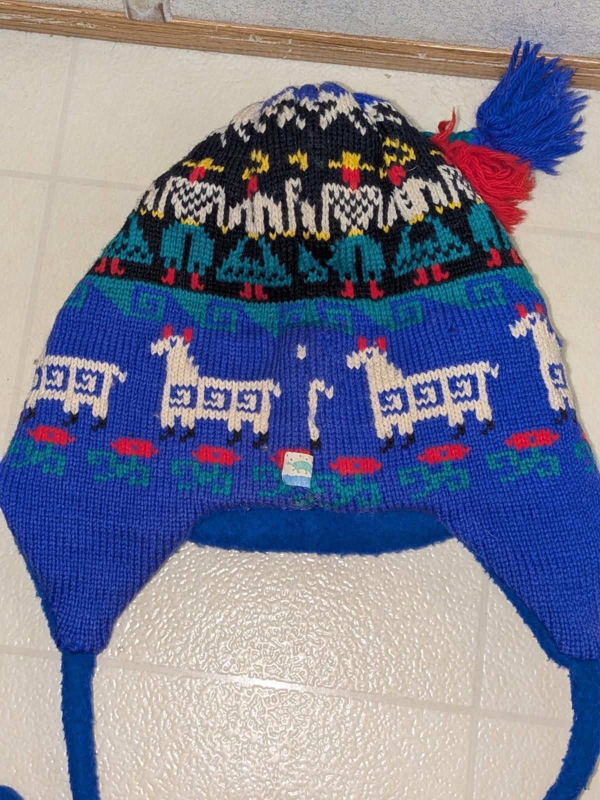 Designer VTG Blue Llama Poppy Gall Turtle Fur Knit Chullo Beanie Hat Size ONE SIZE - 8 Thumbnail