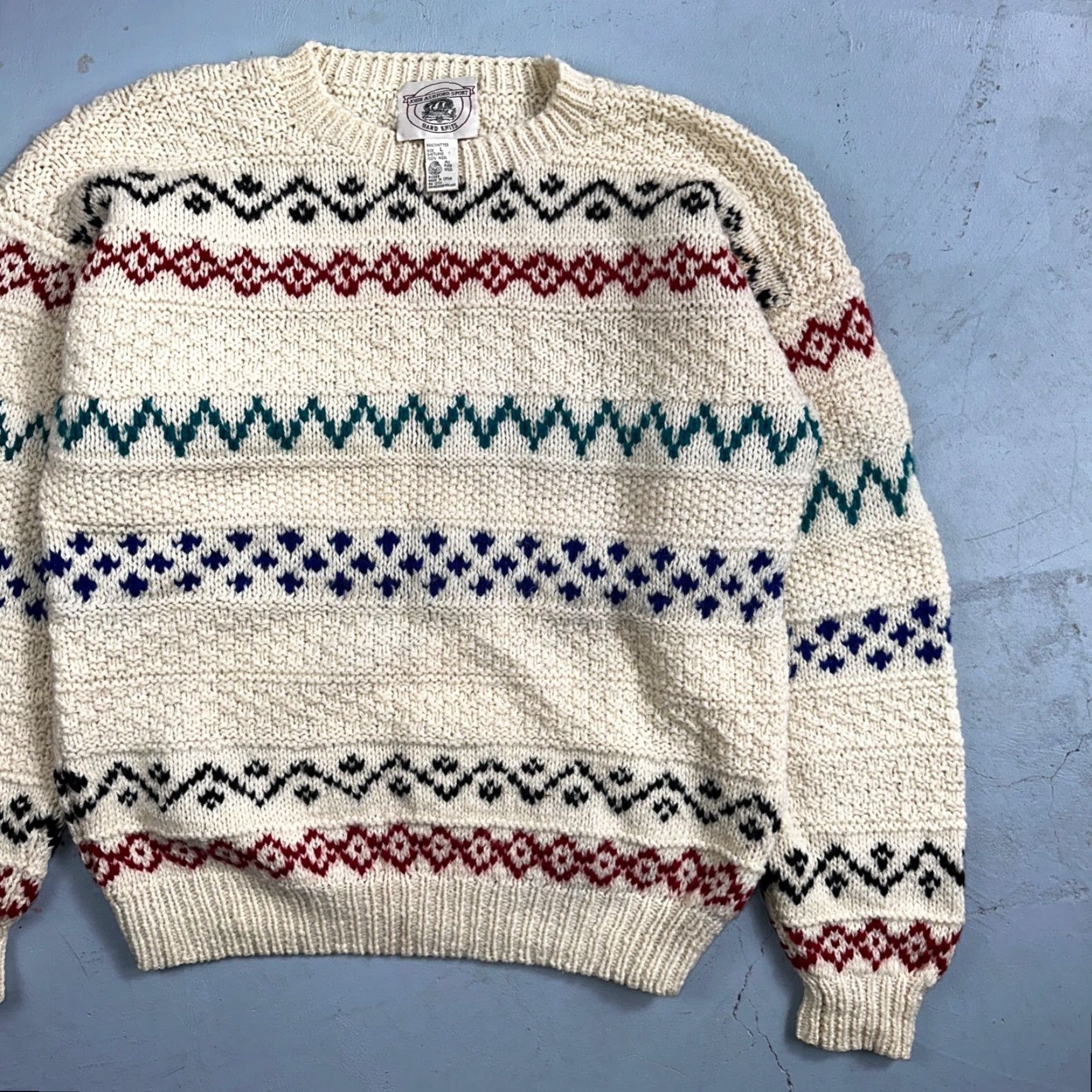 Vintage VINTAGE John Ashford Sweater Mens L Cream Ivory Wool Fair Isle 80s 90s Winter Spring Fall Heavyweight Chunky-Knit Crew Neck Pullover Size US L / EU 52-54 / 3 - 2 Thumbnail