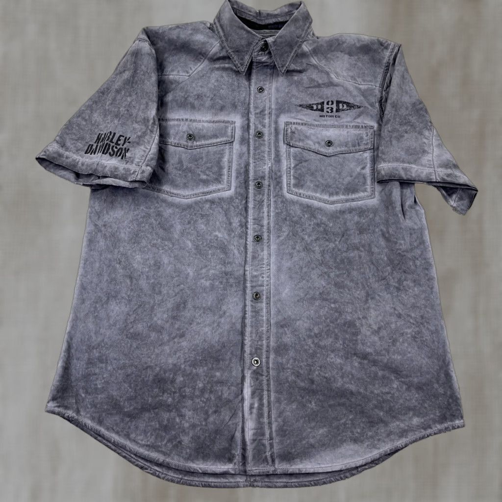Harley Davidson Harley-Davidson Shirt Men Medium Gray Button Up Biker Winged Skull Y2K Goth Fade Size US M / EU 48-50 / 2 - 1 Thumbnail