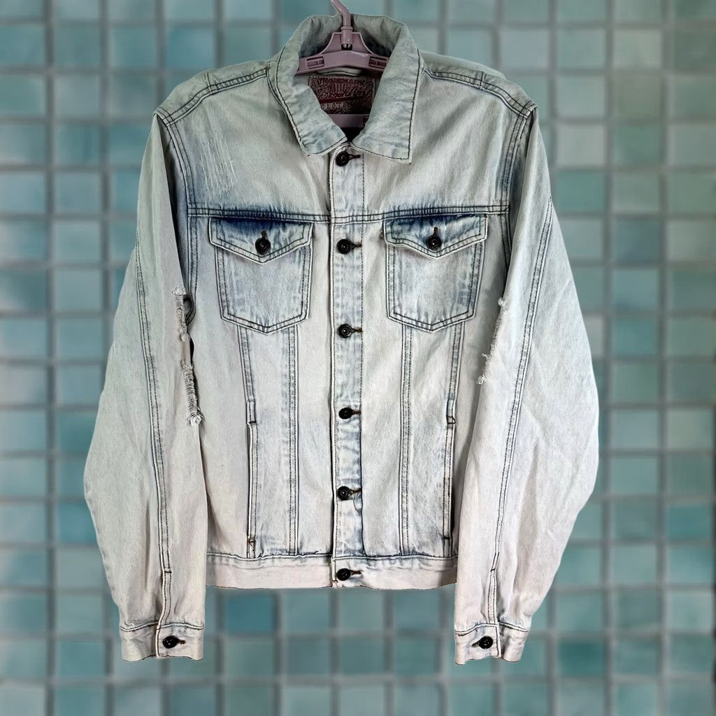 Denime Brooklyn Cloth Denim Jean Jacket Mens Size M Blue Distressed Light Wash NWT Size US 31 - 1 Thumbnail
