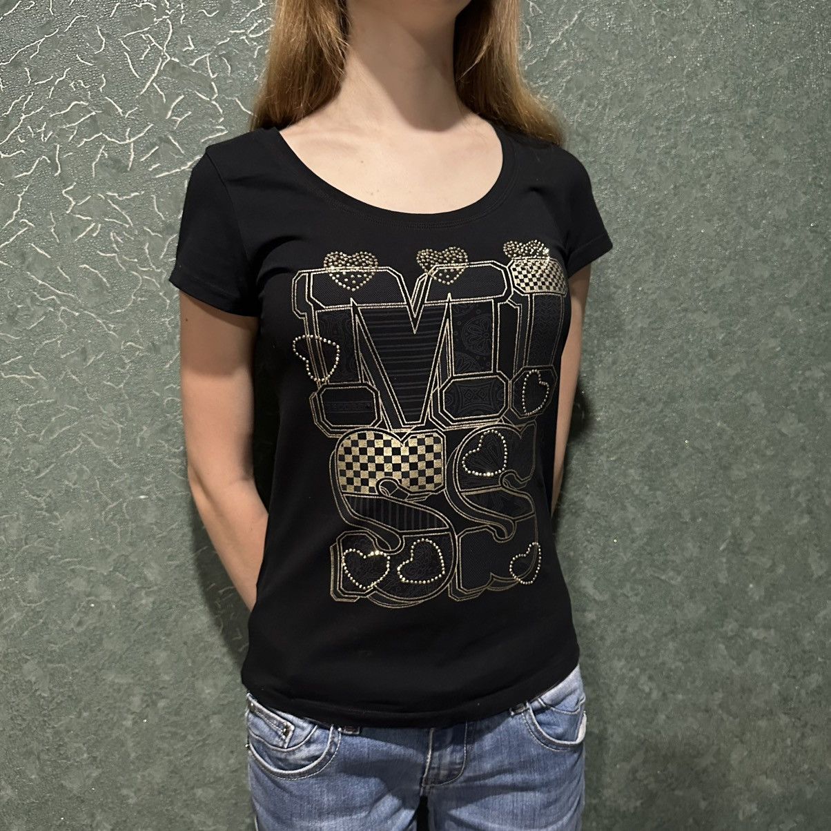 Miu Miu Miu Miu Black Graphic T-Shirt Embellished Logo Design Size S / US 4 / IT 40 - 1 Thumbnail