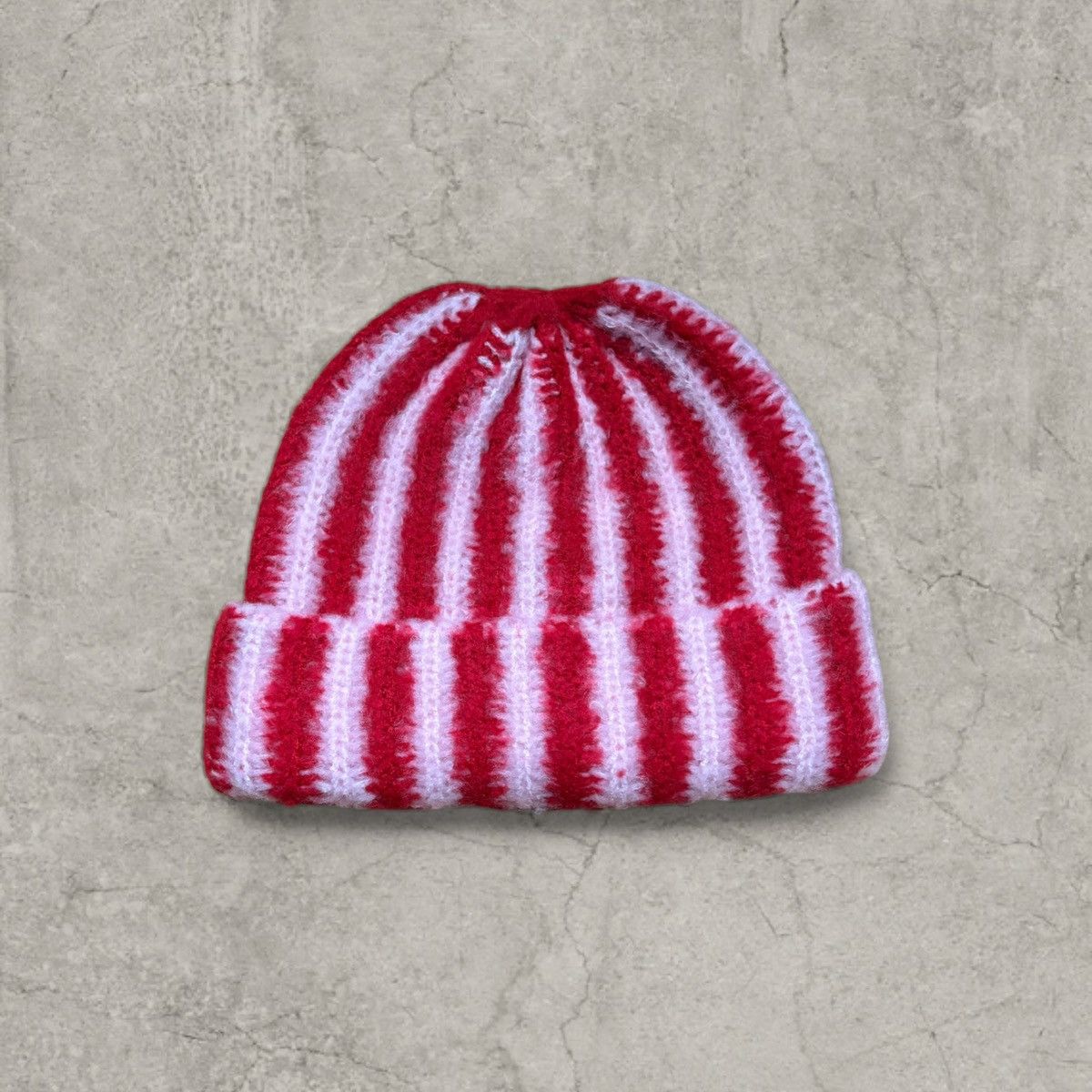 Japanese Brand Cool vintage style beanie, striped red/pink fluffy. One size Size ONE SIZE - 1 Thumbnail