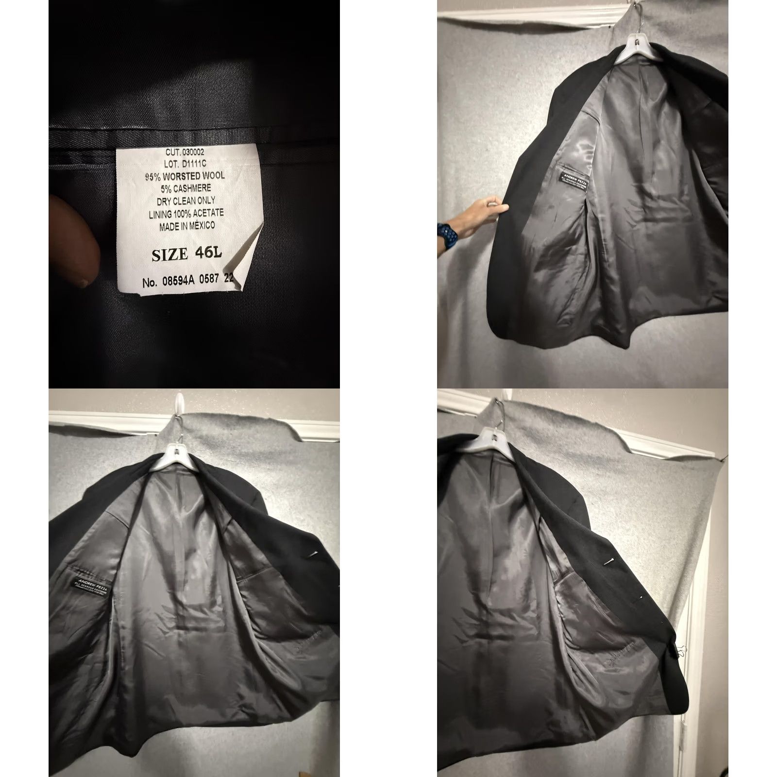 Vintage Andrew Fezza Suit Mens 46 40x30 Gray Wool Cashmere 2 Piece Jacket Pants Formal Size 46R - 10 Thumbnail