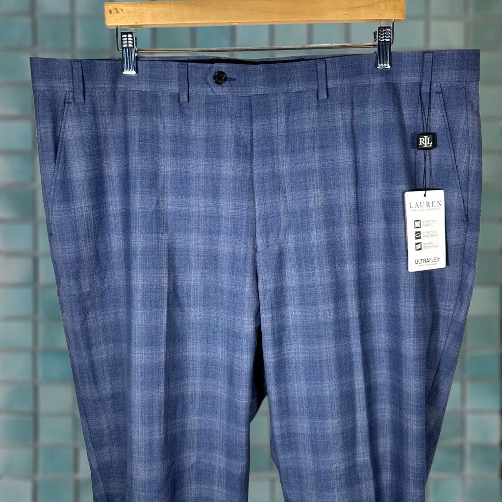 lauren ralph lauren men's classic-fit ultraflex stretch check dress pants Mens 42W x 32L Blue Plaid Classic Fit Suit Size:Large/16-16.5 Neck/32-33 Sleeve