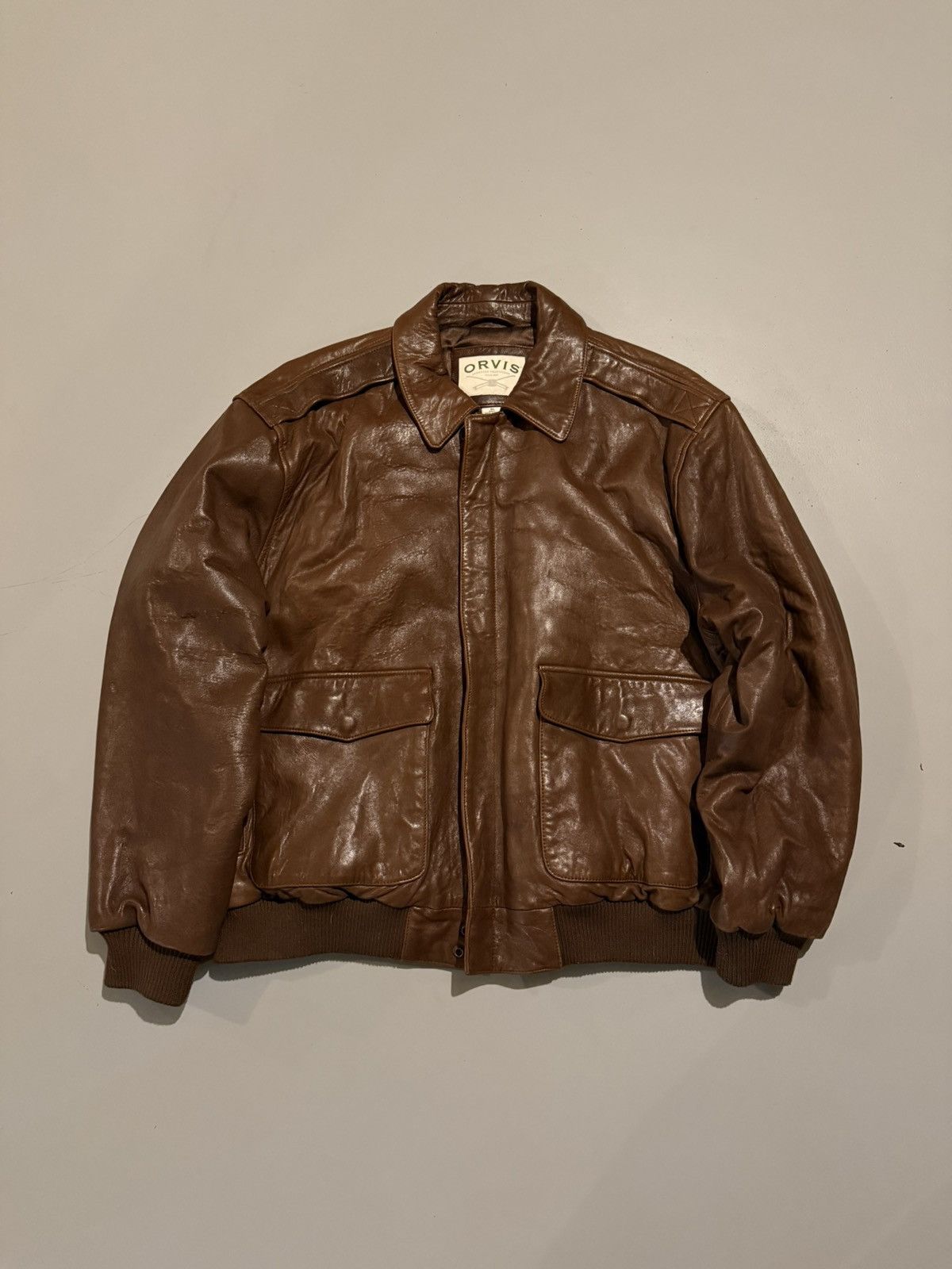 Orvis Vintage 90s Orvis Genuine Leather A-2 Bomber Style Jacket XL Size US XL / EU 56 / 4 - 1 Thumbnail