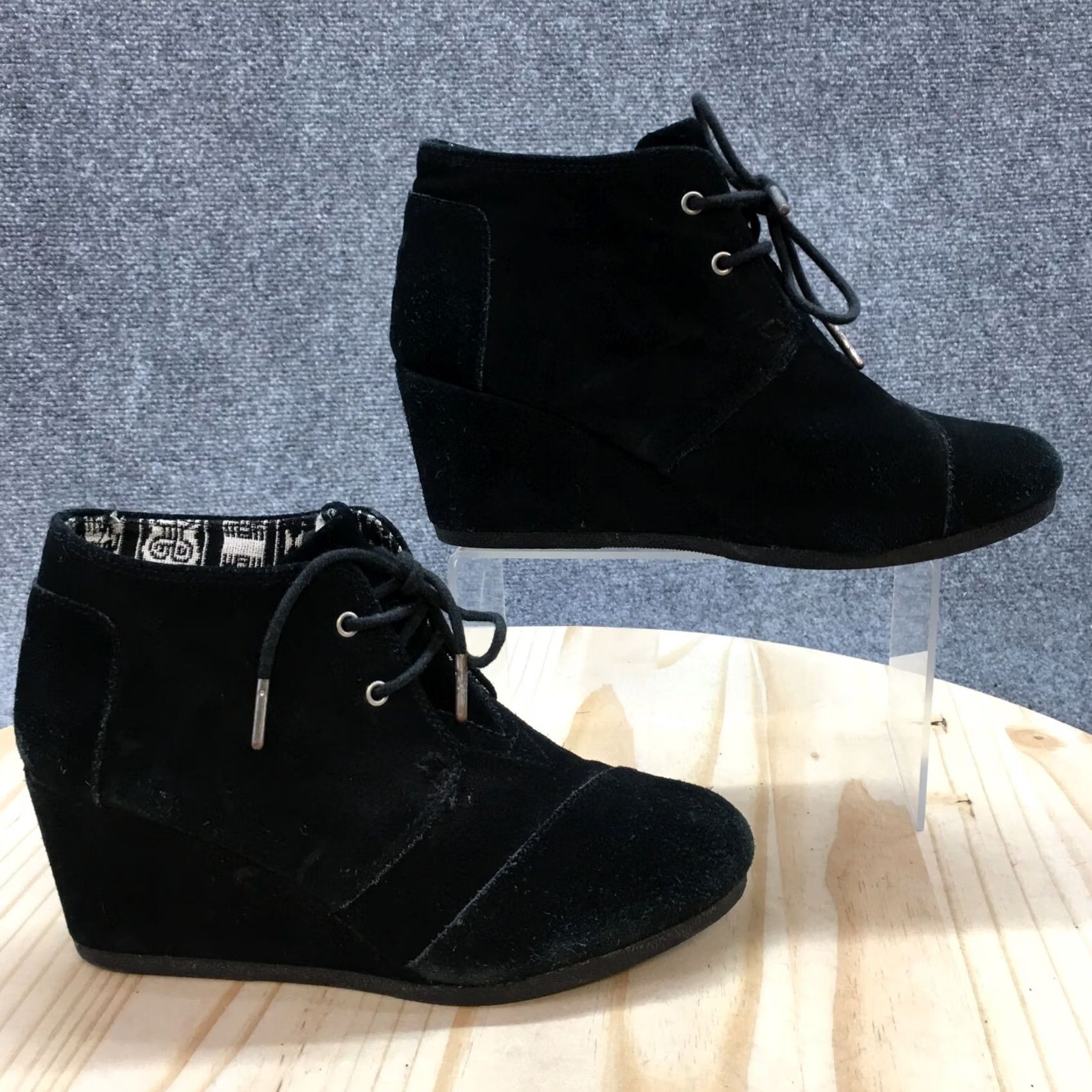 Toms TOMS Boots Womens 8 Ankle Booties Wedge Heels Casual 380515 Black Suede Lace Up Size US 8 / IT 38 - 2 Thumbnail