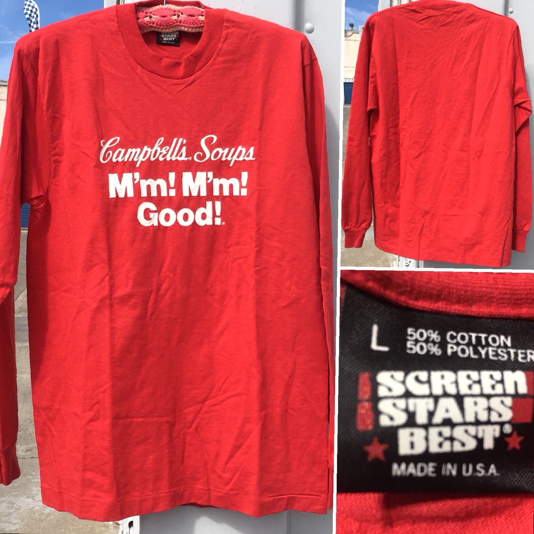 Vintage VINTAGE Campbells Mm Mm Good Long Sleeve Shirt Men L Red 80s 90s Screen Stars Made in USA Graphic Tee Size US L / EU 52-54 / 3 - 3 Thumbnail