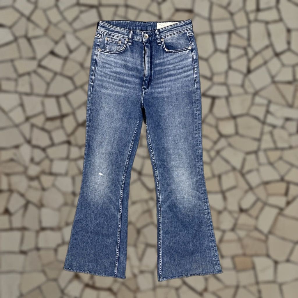 RAG BONE Women's High Rise Flare Jeans 27 Blue Casey Frayed Hem