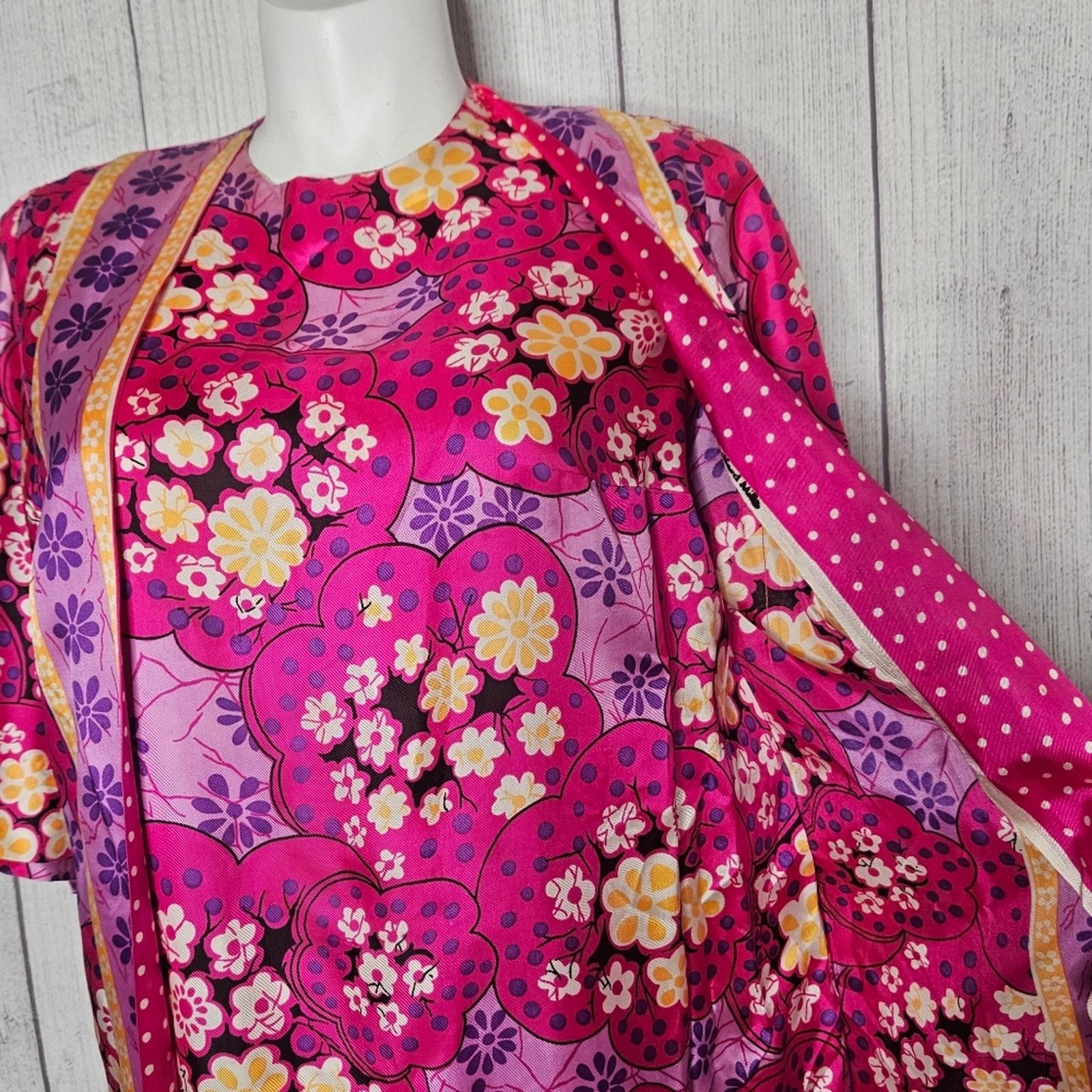 Vintage 60s Lane Bryant Psychedelic Bright Pink Floral Groovy Kaftan Size L / US 10 / IT 46 - 3 Thumbnail