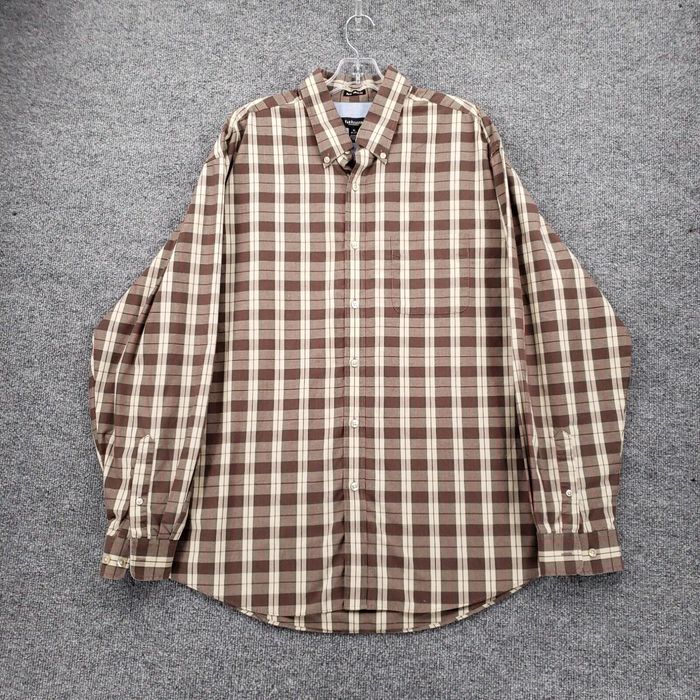 Van Heusen Van Heusen Shirt Dress XL Button-Down Brown Plaid No Iron Long  Sleeves Cotton