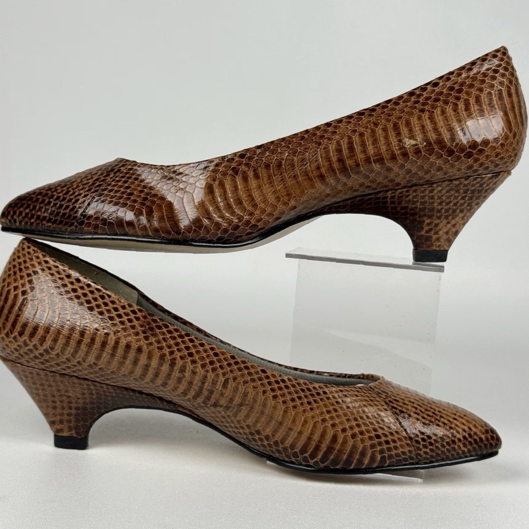 Skin VINTAGE Snake Skin Brown Leather Pumps Heels Womens 8 M Size US 8 / IT 38 - 4 Thumbnail
