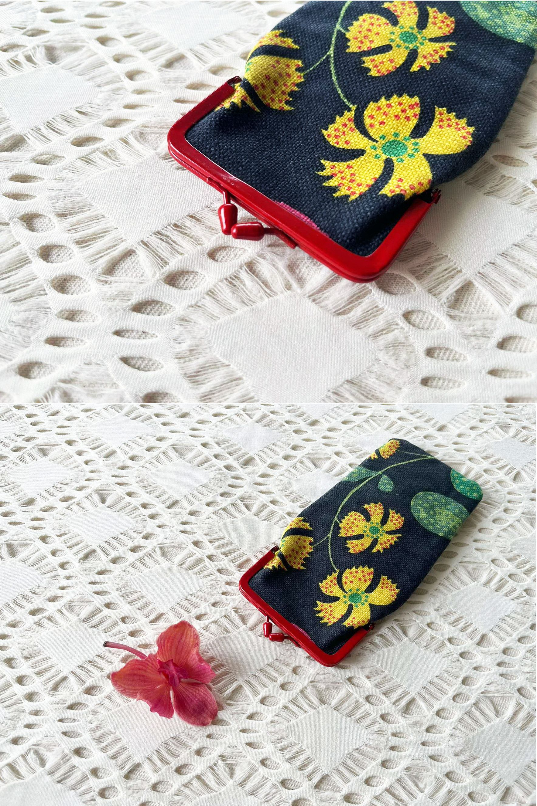 Vintage Black yellow green FLORALS printed, RED frame glasses case Size ONE SIZE - 6 Thumbnail