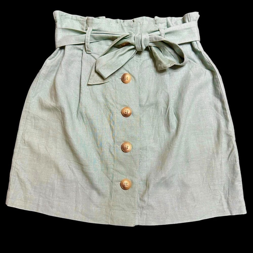 Topshop Topshop Pale Mint Green Linen Paper Bag Button up Mini Skirt Size 26" / US 2 / IT 38 - 1 Thumbnail
