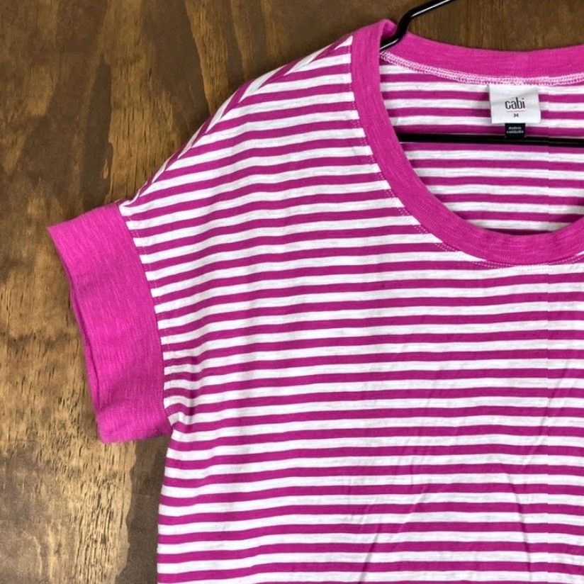 Vintage CAbi Shirt Pink White Striped Scoop Neck 100% Cotton Short Sleeve M Women Casual Workwear Modern Classic T-Shirt Size M / US 6-8 / IT 42-44 - 4 Thumbnail