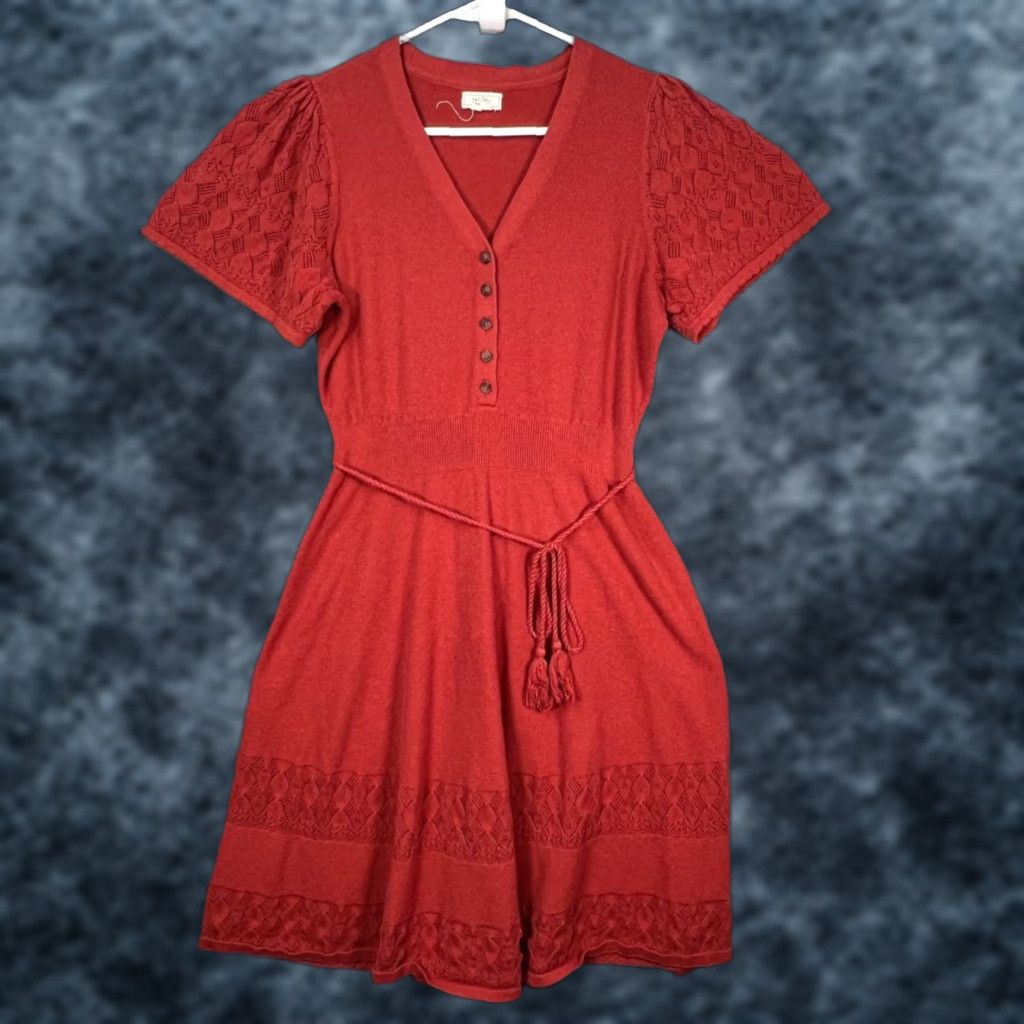 FatFace Fat Face Womens Dress Red Short Sleeve Crochet Detail V-Neck Knee Length A-Line/Flare 10 Womens Size 32" / US 10 / IT 46 - 1 Thumbnail