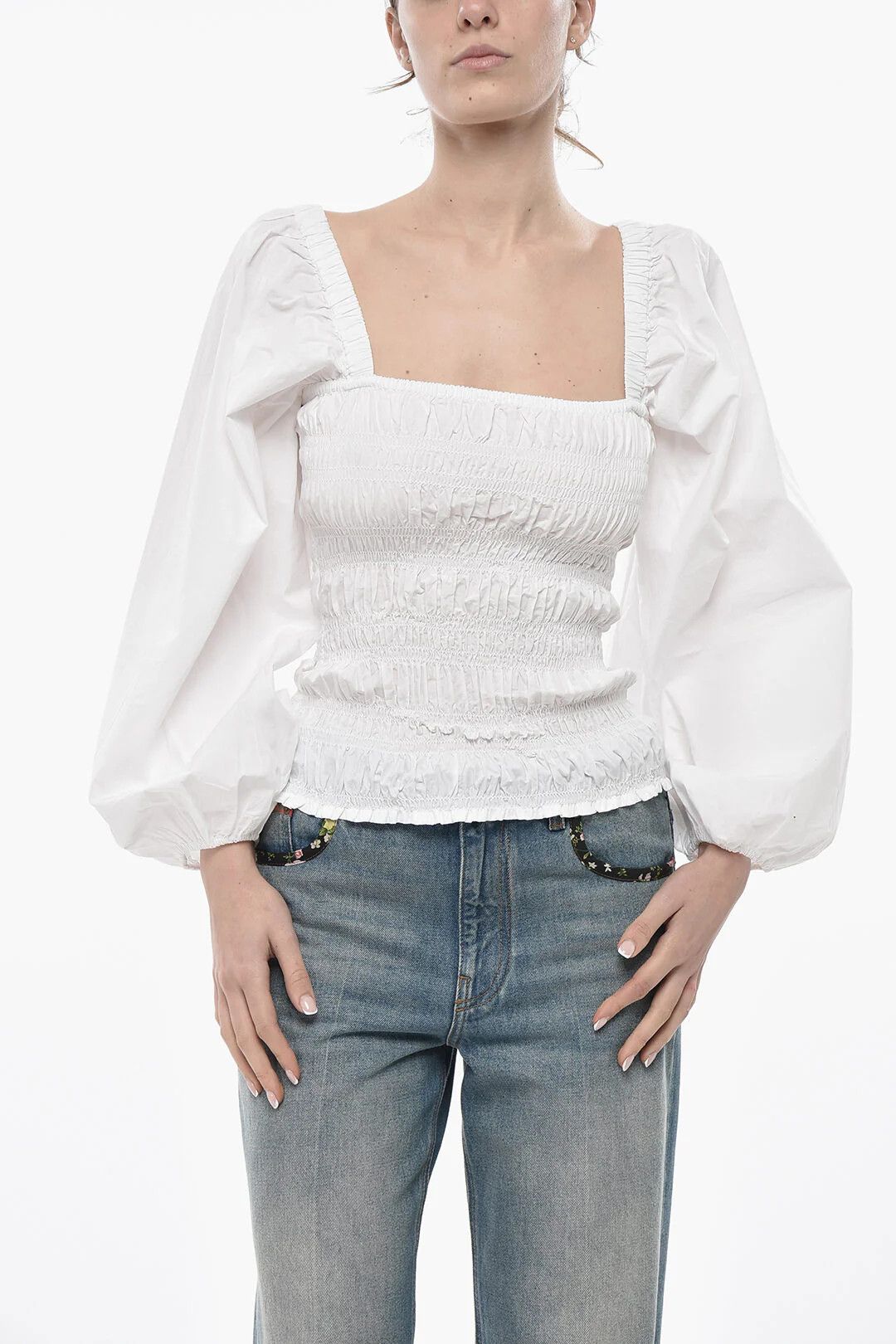 Ganni og1mm0426 Smocked Cotton Blouse in White Size S / US 4 / IT 40 - 1 Thumbnail