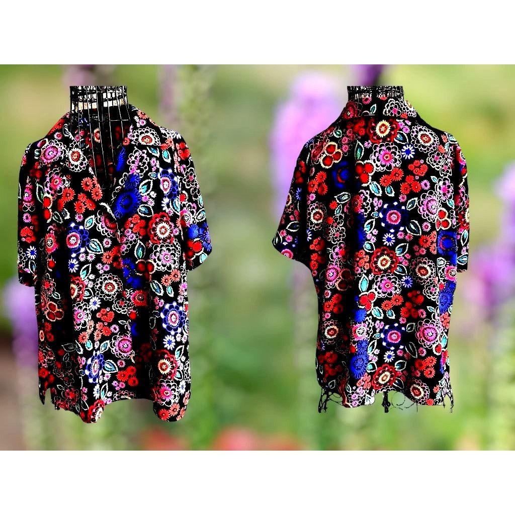 Vintage VTG Elementz Blouse Woman 1X Black Floral Shirt Button Short Size XL / US 12-14 / IT 48-50 - 1 Thumbnail