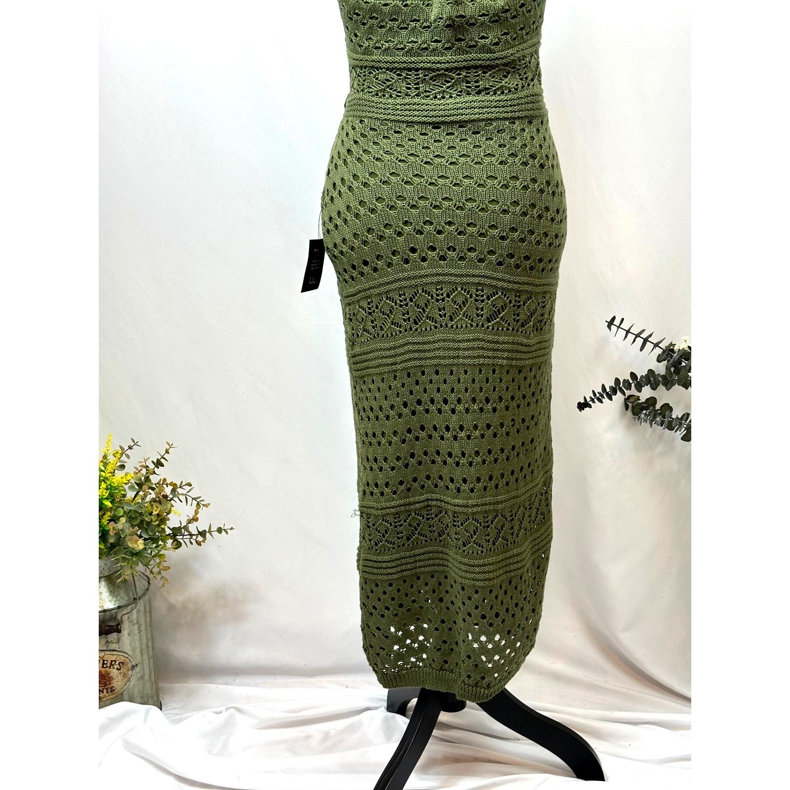 Other Lulu's Blissful Strolls Crochet Wrap Halter Midi Olive L Size L / US 10 / IT 46 - 18 Thumbnail
