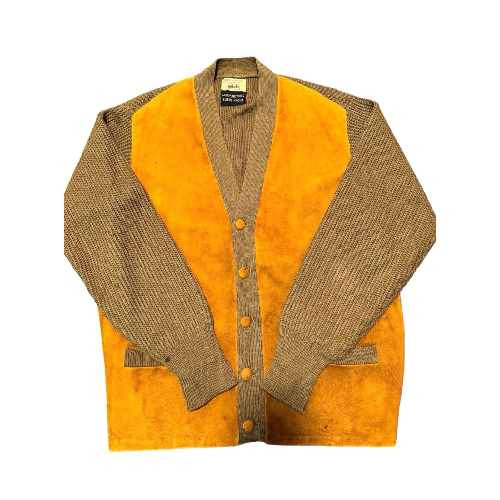 Vintage VINTAGE Wallachs 60's Suede Front Cardigan Sweater 100% Pure Wool Made in England Mens L Brown Knit Size L Size US L / EU 52-54 / 3 - 7 Thumbnail