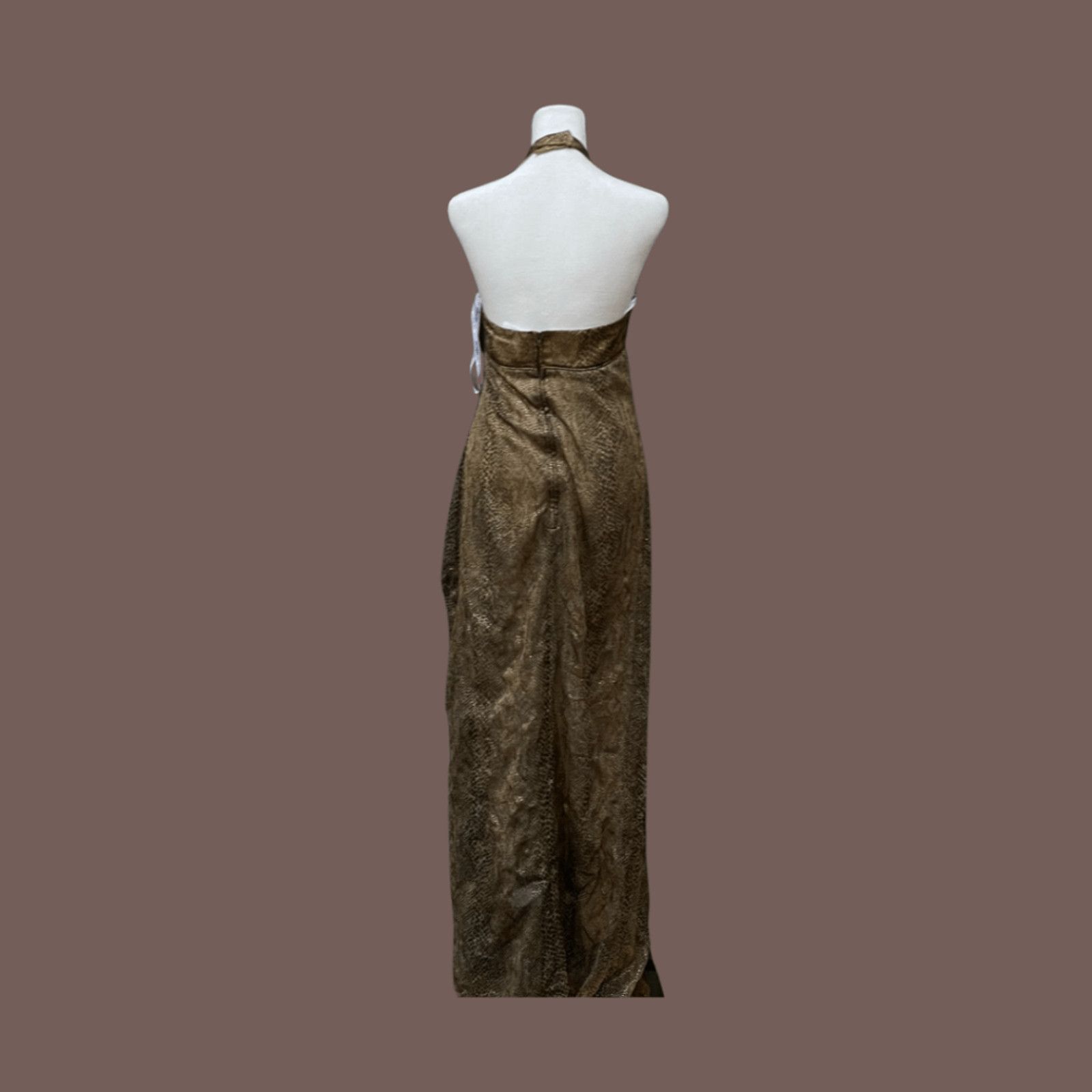 Vintage VTG Maxi Dress, Morgan & Co Brown Metallic Halter | 80s Glam Size L / US 10 / IT 46 - 3 Thumbnail