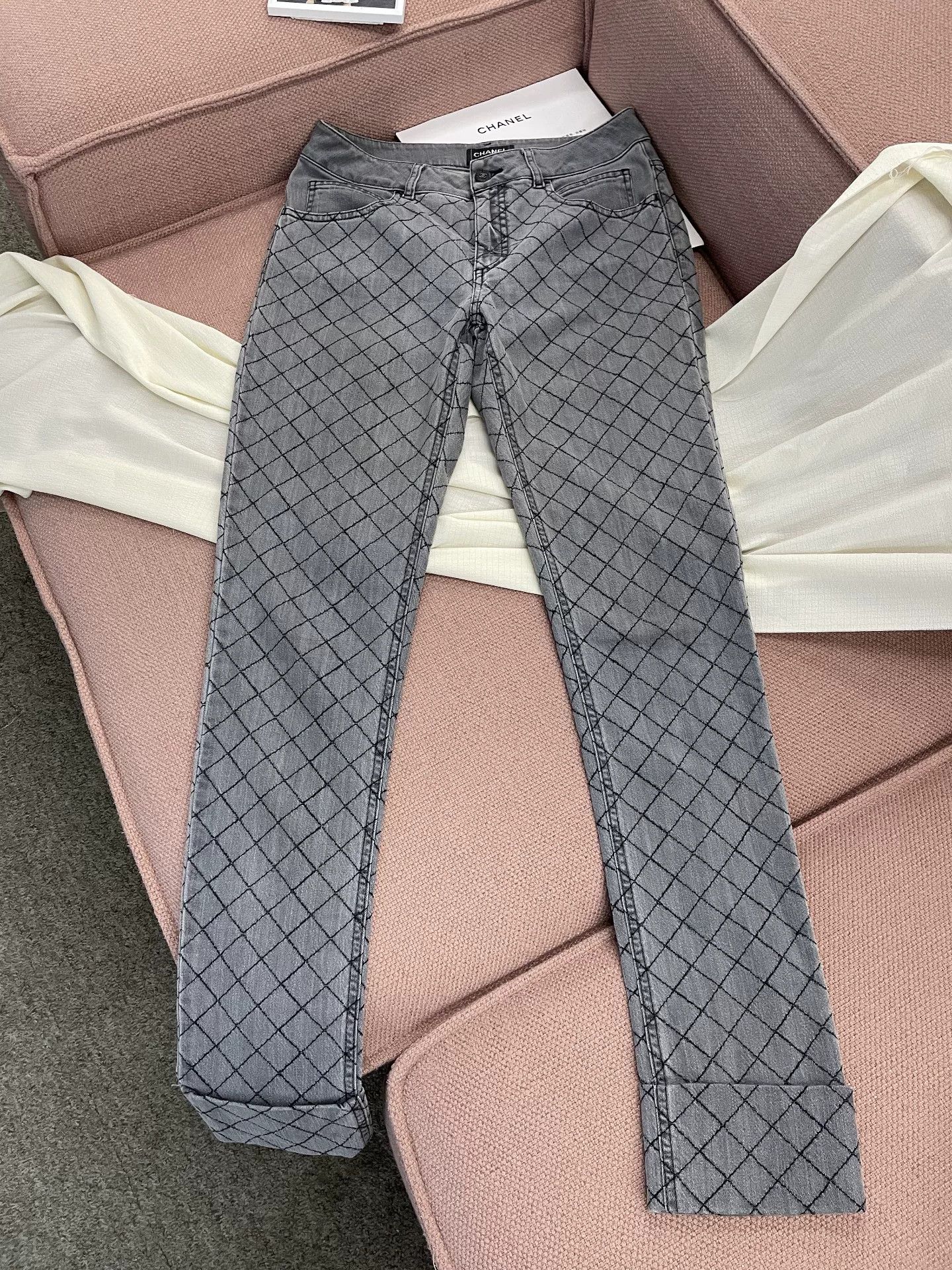 Chanel Gray Quilted Pattern Denim Jeans