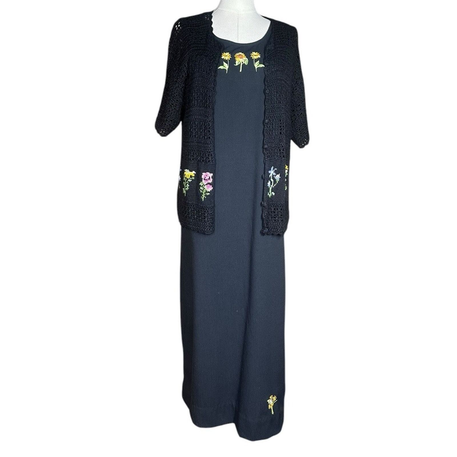 Other Vtg 90s Teddi Black Floral Dress Crochet Cardigan Set M/L? Size L / US 10 / IT 46 - 1 Thumbnail