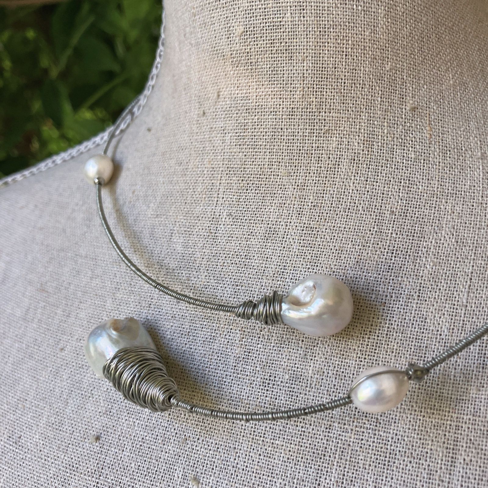 Vintage Genuine Baroque Pearl Collar Choker Necklace Wire Wrap Size ONE SIZE - 19 Thumbnail
