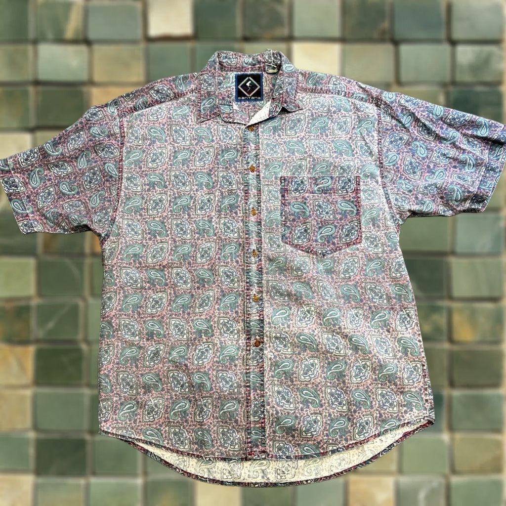 Vintage VINTAGE Santana Button-Up Shirt Paisley Short Sleeve Blue White Mens XL Size US XL / EU 56 / 4 - 1 Thumbnail
