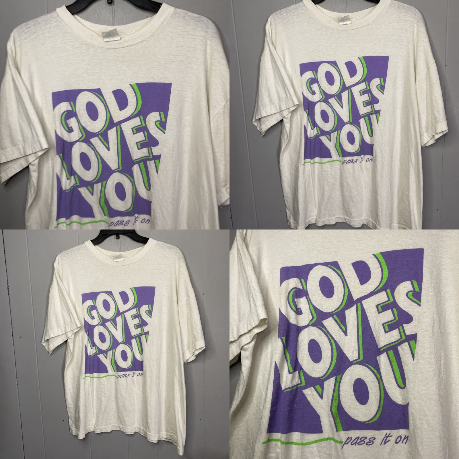 Vintage VINTAGE Jesus T Shirt White Short Sleeve L 90s Unisex God Loves You Pass It On Graphic Tee Cotton Shirt Size US L / EU 52-54 / 3 - 8 Thumbnail