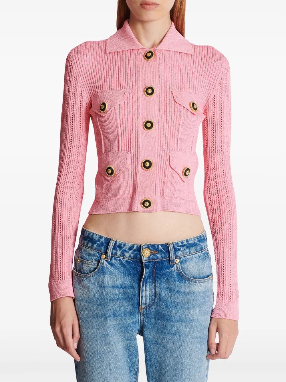 Balmain o1s1wg111225 Logo Embroidered Knit Cardigan in Pink Size M / US 6-8 / IT 42-44 - 2 Thumbnail