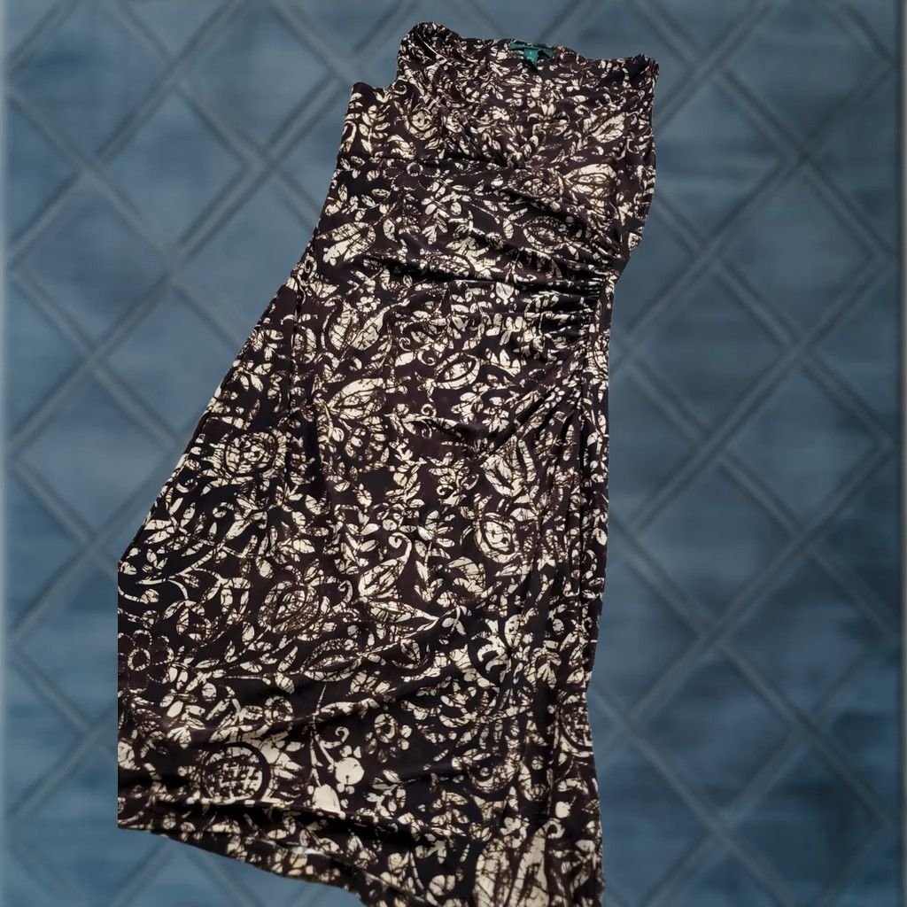 Ralph Lauren Lauren Ralph Lauren Dress Womens 6 Brown Beige Floral Ruched Sleeveless Stretch Sheath Knee Length Party Casual Womens Size M / US 6-8 / IT 42-44 - 1 Thumbnail