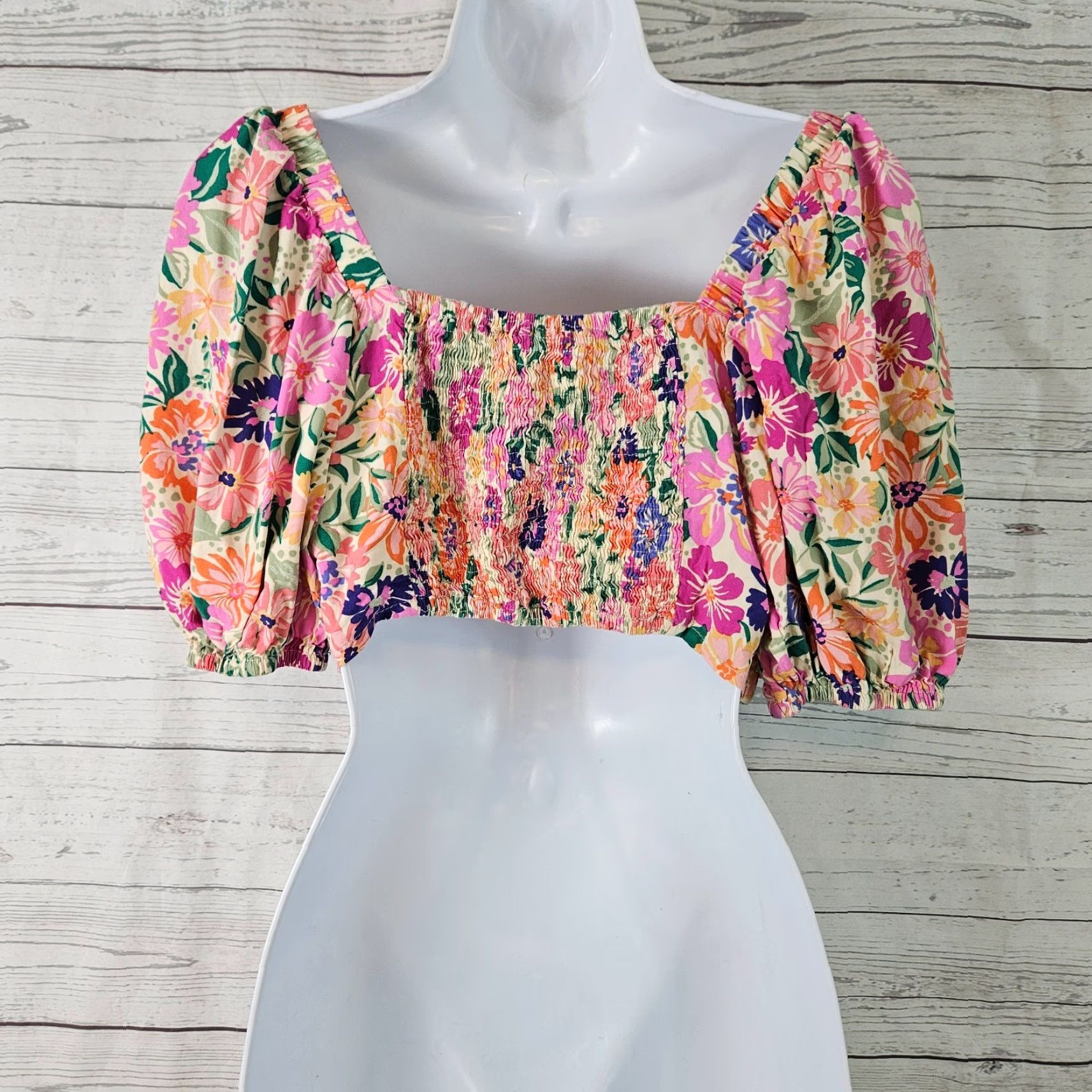 Vintage Abel the Label Crop Top Womens L Pink Orange Floral Rayon Shirt Summer Cropped Size L / US 10 / IT 46 - 2 Thumbnail