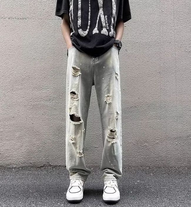 Japanese Brand Men's street hiphop slim fit ripped raw edge washed jeans Size US 32 / EU 48 - 2 Thumbnail