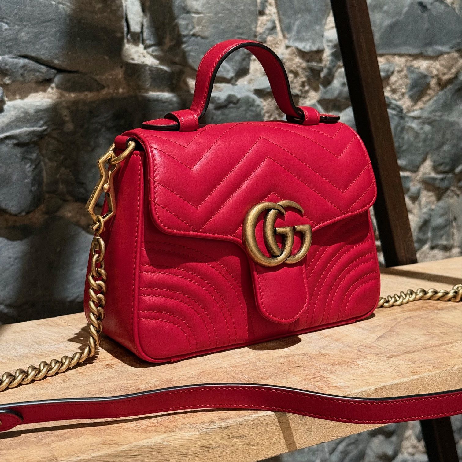 Gucci Gucci Red GG Marmont Mini Top Handle Bag With Chain Size ONE SIZE - 2 Thumbnail
