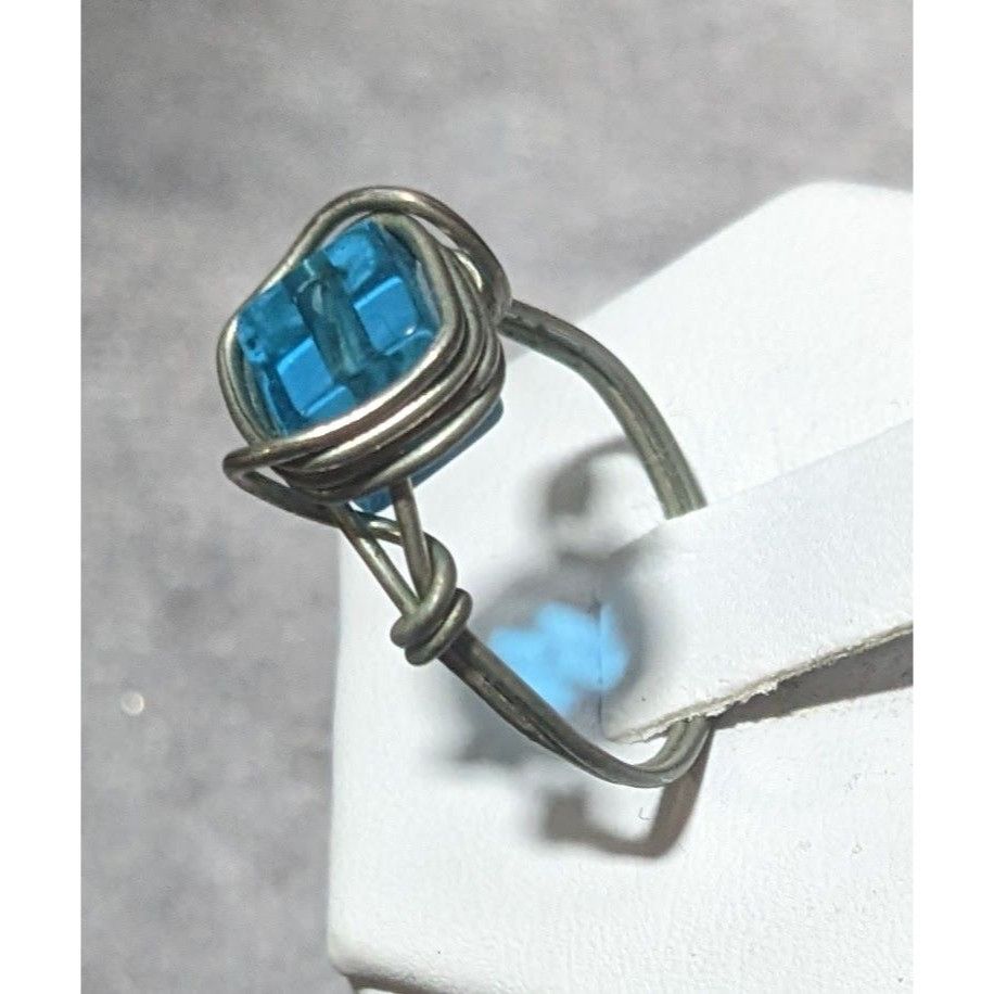 Other Blue And Silver Tone Wire Wrapped Handmade Glass Beaded Ring Size ONE SIZE - 2 Thumbnail